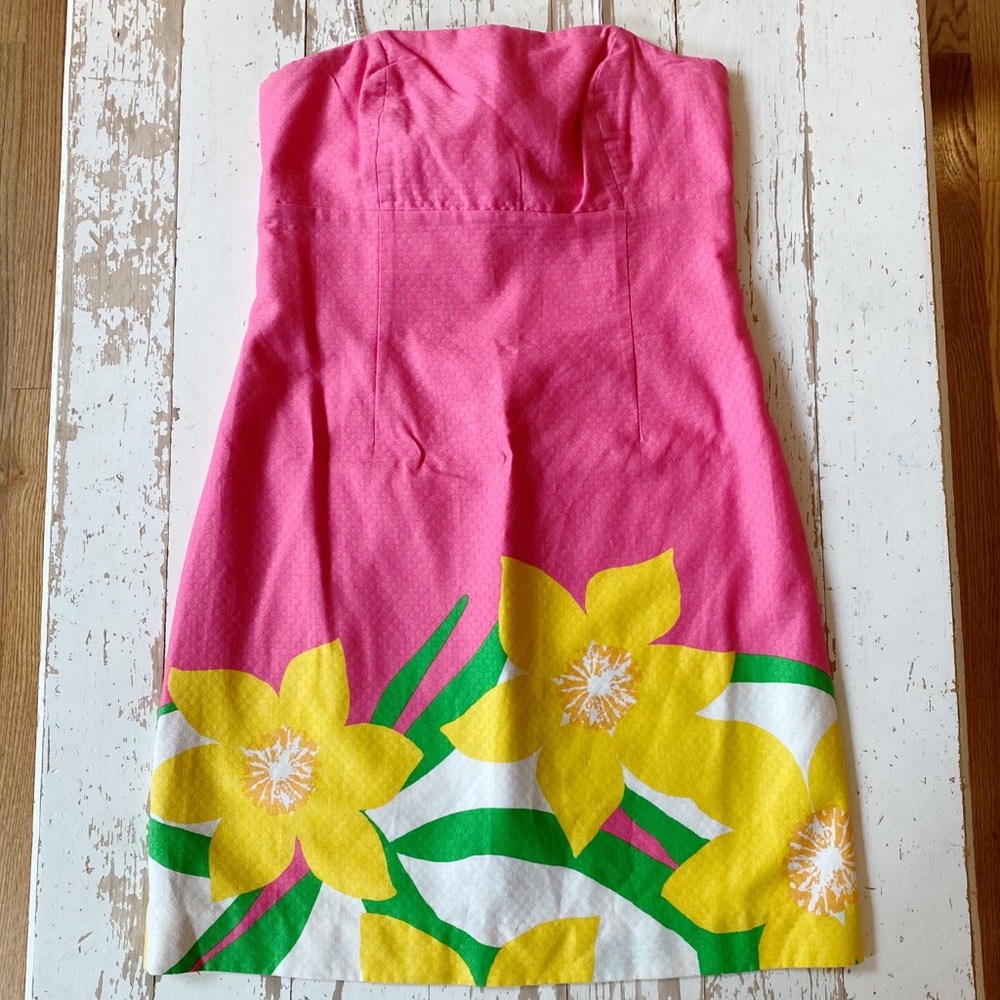 Lilly Pulitzer Pink Strapless Dress with Yellow Floral Border - Picture 1 of 10